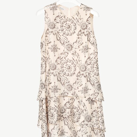 Brunello Cucinelli SS/20 Cream Printed Silk Tiered Mini Dress - Picture 2 of 14